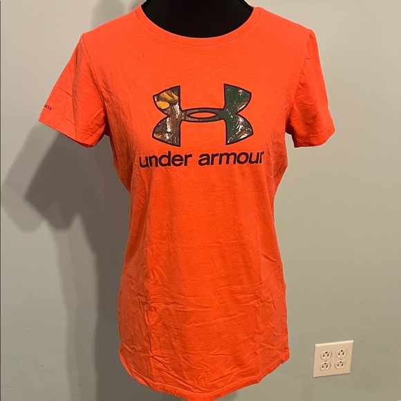 Under Armour Women's Vibrant Orange Short Sleeve Tee With Camouflage Logo - Picture 1 of 4